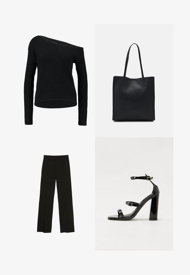 Fekete kötött pulóver aszimmetrikus nyakrésszel, hosszú ujjakkal és bordázott textúrával, laza szabással és hemline-nel.; Fekete, bő szárú nadrág sima anyagból, melynek kényelmes derékrésze és diszkrét elülső redők adnak extra textúrát.; Fekete lakk magas sarkú szandál négyzet alakú orral, bokapántokkal és ezüst csatokat tartalmaz. Masszív blokk sarka a stabilitásért felel.; Fekete bőrtáska sima felszínnel, téglalap alakú, két hosszú füllel. Nincs látható fémkiegészítő vagy díszítés.
