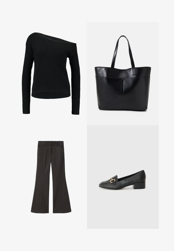 Černý pletený svetr s asymetrickým výstřihem, dlouhými rukávy a strukturovaným ribovým vzorem, s uvolněným střihem a lemem.; Černé rozšířené kalhoty s vysokým pasem; mají dvě přední kapsy a hladkou texturu látky. Vhodné pro různé příležitosti.; Černé kožené loferské boty s plochým podpatkem, zdobené zlatým kovovým detailem na přední straně a hladkým povrchem.; Černá kožená taška s dlouhými ušima, hladkým povrchem a strukturovaným tvarem. Obsahuje přední kapsu pro další úložný prostor.