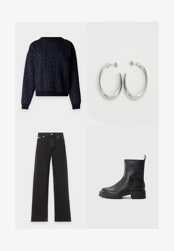 Marineblauer Strickpullover mit strukturiertem Schriftmuster. Verfügt über einen gerippten Kragen und Bündchen, eine verkürzte Länge und einen weichen Stoff.; Schwarze weit geschnittene Jeans aus Denim mit einem hoch sitzenden Bund, fünf Taschen und einem Metallknopfverschluss mit kontrastierendem Nähte.; Schwarze Leder-Ankle-Boots mit seitlichem Reißverschluss, abgerundeter Zehenpartie und einer klobigen, strukturierten Sohle. Subtile Markenkennzeichnung an der Seite.; Silberne Creolen mit einem glatten, geschwungenen Design. Mit einem glänzenden metallischen Finish und Steckverschluss. Keine sichtbaren Muster oder Akzente.