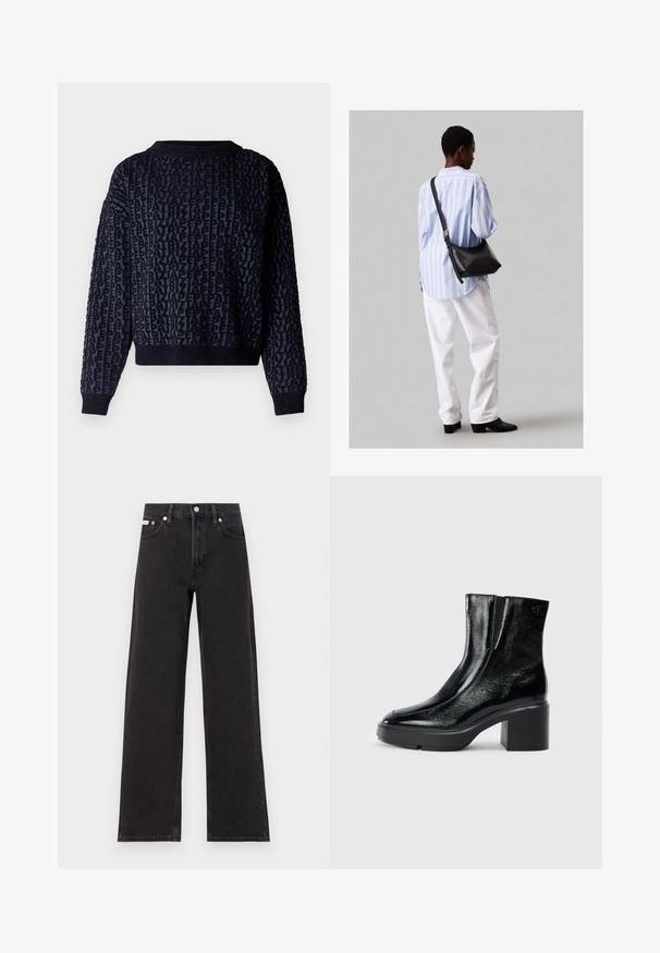 Tume sinine kudumüts, millel on tekstuuriga kirjatüübi muster. Omab soonikuga krae ja mansette, lühendatud pikkust ja pehmet kangast.; Mustad laiad mustad teksad, millel on kõrge vöökoht, viie tasku stiil ja metallist nööpkinnitus kontrastsete õmblustega.; Mustmustest must paeltega särkide, millel on kõver varvas, elastsed külgpaneelid ja jäme plokkpealse. Tagaküljel on reljeefne logo.; Must have mustras alasi nahkpatsi, pehme tekstuuriga, kolmnurkse kujuga ja reguleeritava rihmaga, koos helesinise triibulise särgi ja valgete pükstega.