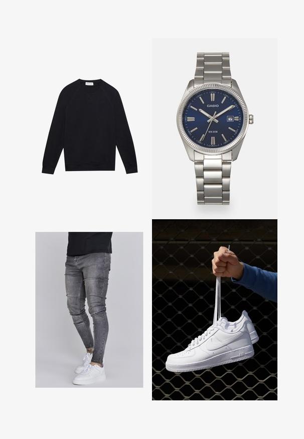 Zwarte longsleeve crewneck sweatshirt met geribde manchetten en zoom, zichtbare stikdetails en een klein wit merklabel aan de binnenkant van de hals.; Skinny jeans in vervaagd grijs denim, met versleten details op de knieën, gecombineerd met witte sneakers. Gladde textuur, slank model.; Witte leren sneakers met perforaties, ronde neus, vlakke zool en dikke veters, met een zichtbare swoosh-logo en "AIR" op de hiel.; Zilveren roestvrijstalen horloge met een marineblauwe wijzerplaat, metalen uurmarkeringen en een datumnis op 3 uur. Waterbestendig tot 50 meter.