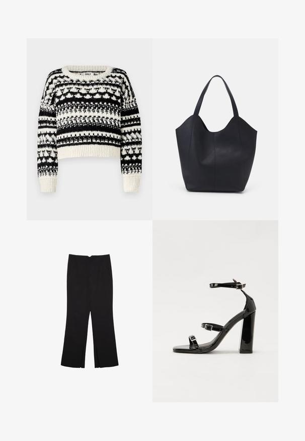 ONLY ONLALAIA LIFE O NECK - Strickpullover - birch/black; Schwarze Hose mit geradem Schnitt, ausgestattet mit Fronttaschen und Seitenschlitzen am Saum. Hergestellt aus weichem, glattem Stoff. Geeignet für verschiedene Anlässe.; Schwarze patentierte Sandalen mit Absatz, quadratischer Spitze, Knöchelriemen und silbernen Schnallen. Mit einem stabilen Blockabsatz für mehr Stabilität.; Schwarze Tote-Bag aus glattem Leder, mit einem abgerundeten, offenen Oberteil, zwei Schulterträgern und einem minimalistischen Design.