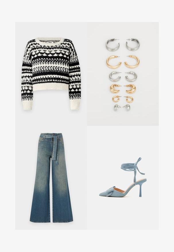 ONLY ONLALAIA LIFE O NECK - Strickpullover - birch/black; Weit geschnittene Denim-Hosen mit einem Farbverlauf von hellblau zu dunkelblau, hoher Taille, Gürtelschlaufen und einem passenden Stoffgürtel. Strukturierte Denim-Oberfläche.; Spitz zulaufender High Heel Schuh aus hellblauem Stoff mit strukturiertem Finish, versehen mit einem Schleifenakzent und einem Knöchelriemen für sicheren Halt.; Set mit acht metallischen Ohrringen in Silber- und Goldtönen. Enthält verschiedene Hoops-Stile, Texturen und Oberflächen, sortiert nach Größe.
