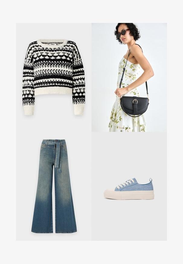 ONLY ONLALAIA LIFE O NECK - Pulóver - birch/black; Bőszárú farmernadrág, világos és sötétkék árnyalatokkal, magas derekú, övgyűrűkkel és a nadrággal megegyező anyagú övvel. Textúrált farmer kivitel.; Világoskék vászon sportcipők, krémszínű gumitippel és talppal, fehér fűzőkkel és egy húzófüllel a sarkán.; Fekete bőrtáska ívelt formával, levehető pánttal és arany színű fémrészekkel. A táskán egy csattal díszített fedél található.