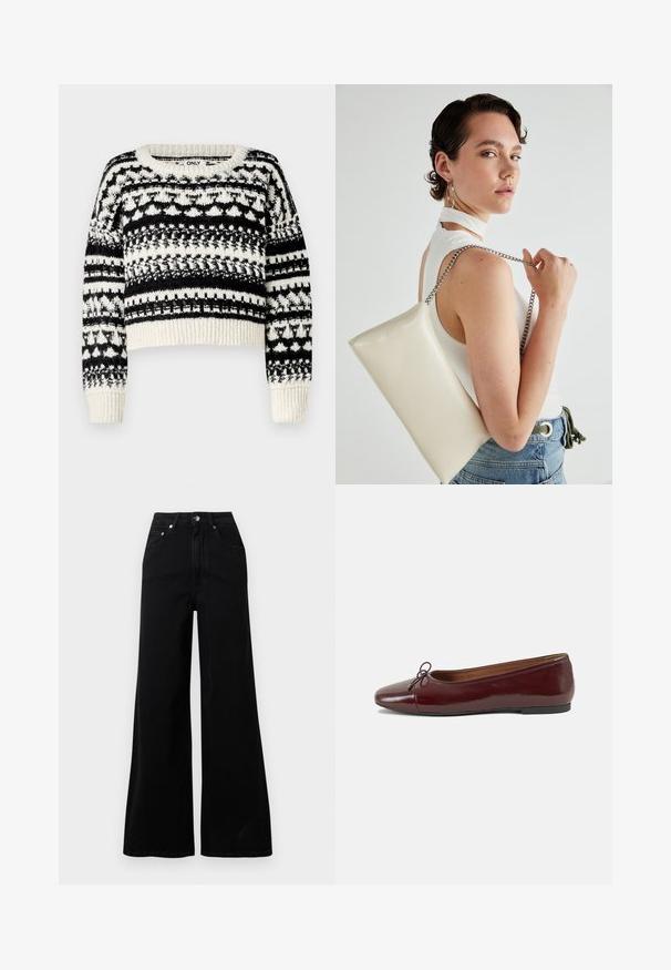 ONLY ONLALAIA LIFE O NECK - Stickad tröja - birch/black; Svarta jeans med vida ben i denim, med hög midja, fem fickor, knäppning framtill och minimalistiska söm-detaljer.; Burgunderfärgad lackläderballettskor med rund tå, liten rosettdekoration fram och en låg, svart gummisula. Slät textur.; Vitt rektangulärt clutch-väsk i glänsande material, med en kedjesnor i silver. Modellen poserar och visar upp väskan mot en neutral bakgrund.