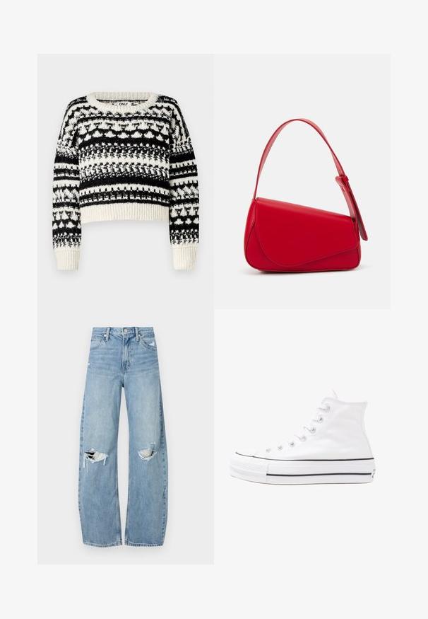 ONLY ONLALAIA LIFE O NECK - Džemperis - birch/black; Šviesiai mėlynos, aukštu juosmeniu džinsai pagaminti iš džinsinio audinio. Turi plačias kojų kelnes, dvi suplėšytas kelio vietas ir klasikinį penkių kišenių dizainą.; Balti aukštakulniai drobės sportbačiai su juodu guminio pado, priekinio guminio piršto dangteliu ir šešiais akytėmis raištams, pasižymintys švariu, minimalistiniu dizainu.; Raudona odinė rankinė su kampuota, geometrine forma. Pasižymi viena reguliuojama dirželiu ir dangteliu su siuvinėtais dekoracijomis.