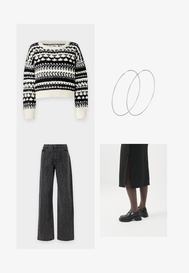 ONLY ONLALAIA LIFE O NECK - Džemperis - birch/black; Noisy May NMJANNEL LOOSE - Brīva piegriezuma džinsi - black denim; Melni ādas apavi ar noapaļotu purngalu, biezām bloku papēžiem un elastīgiem sānu akcentiem, apvienoti ar tumšām zeķubiksēm un melnu svārku ar šķirbu.; Sudraba gredzenveida auskari ar minimālistisku dizainu. Cirkulāra forma, gluda tekstūra un plāns profils. Vieglu svaru ar spīdīgu apdari.