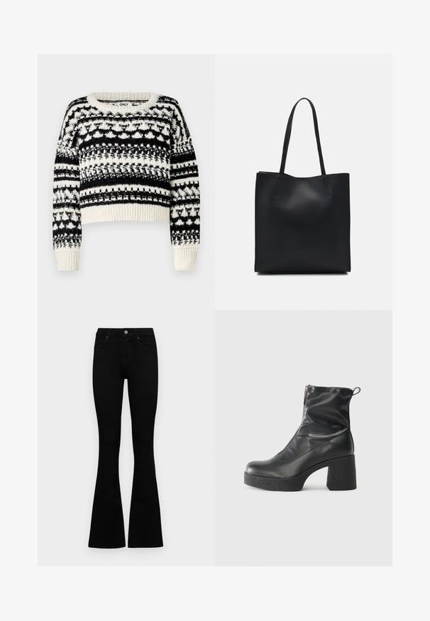 ONLY ONLALAIA LIFE O NECK - Neule - birch/black; Mustat korkeavyötäröiset farkut nappi- ja vetskariyläosalla, etutaskuilla ja levenevillä lahkeilla, asetettuna tasaisesti valkoista taustaa vasten.; Mustat nilkkurit, jotka on valmistettu sileästä nahasta. Niissä on sivuvetoketju, paksu teksturoitu korko ja pyöristetty kärki.; Mustapahkainen kangaskassi, jossa on sileä pinta, suorakaiteen muotoinen ja kaksi pitkää kahvaa. Ei näkyvää metalliosaa tai koristeita.