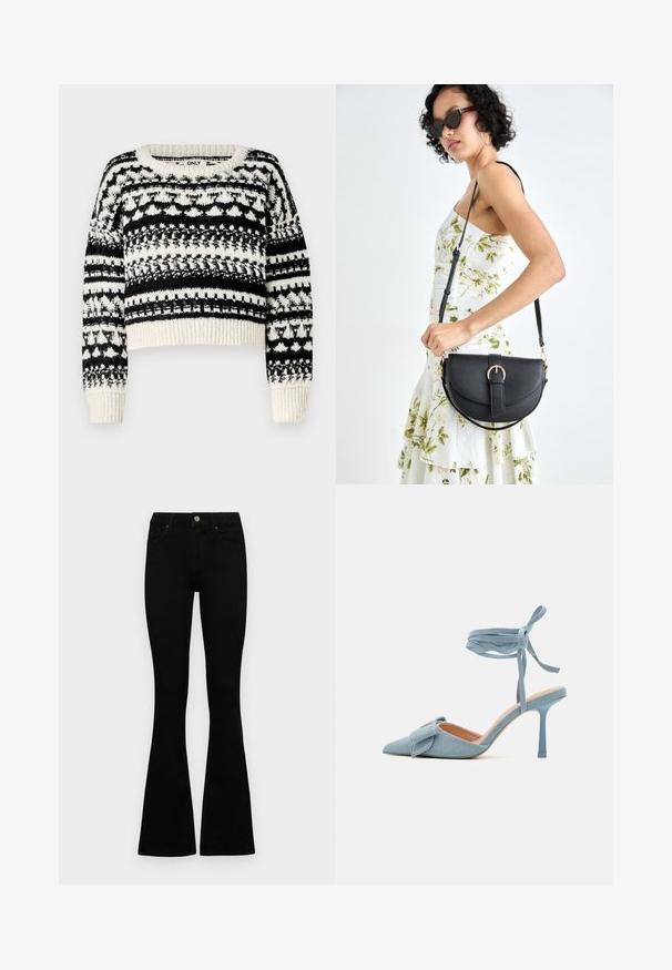 ONLY ONLALAIA LIFE O NECK - Strickpullover - birch/black; Schwarze hochtaillierte Jeans mit einem Knopf- und Reißverschluss, Fronttaschen und ausgestellten Beinen, flach auf einem weißen Hintergrund ausgelegt.; Spitz zulaufender High Heel Schuh aus hellblauem Stoff mit strukturiertem Finish, versehen mit einem Schleifenakzent und einem Knöchelriemen für sicheren Halt.; Schwarze Lederhandtasche mit geschwungener Form, abnehmbarem Tragegurt und goldenen Beschlägen. Die Tasche verfügt über einen Deckel mit einer Schnallen-Details.