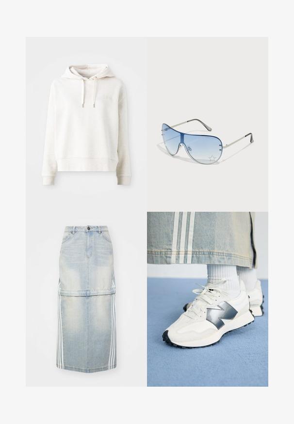 Jasno beżowa bluza z kapturem o miękkiej teksturze, z zapięciem na sznurek oraz prostym, haftowanym logo na klatce piersiowej. Długie rękawy i krótki krój.; Jeansowa spódnica midi w jasnoniebieskim kolorze, z bocznymi paskami, dopasowanym pasem i kieszeniami z przodu. Zniszczona tekstura dodaje szczegółów.; Białe sportowe trampki z metalicznym akcentem, teksturowana tkanina i gładka skóra; z czarną gumową podeszwą i sznurowadłami.; Okulary przeciwsłoneczne typu aviator z gradientowymi niebieskimi szkłami, srebrną metalową oprawą oraz dekoracyjnymi akcentami w kształcie gwiazdek na soczewkach. Gładki i elegancki design.