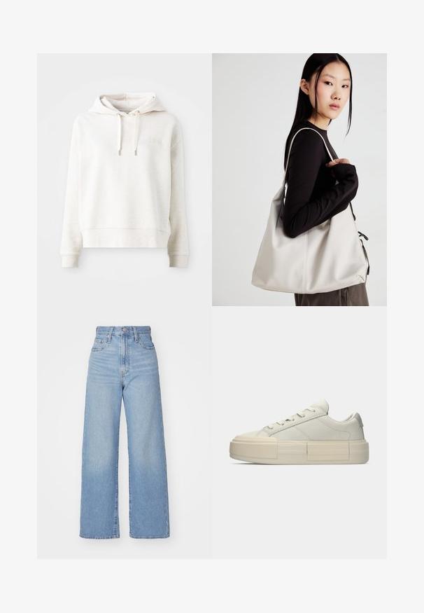 Jasno beżowa bluza z kapturem o miękkiej teksturze, z zapięciem na sznurek oraz prostym, haftowanym logo na klatce piersiowej. Długie rękawy i krótki krój.; Jasnoniebieskie jeansy z wysokim stanem i szerokimi nogawkami, z zapięciem na guziki i zamek z przodu, przednie i tylne kieszenie, na białym tle.; Niskie, off-white trampki z grubą platformą, sznurowane, z minimalnymi detalami szycia, pokazane w profilu bocznym na jednolitym tle.; Beżowa torebka wykonana z miękkiego materiału, charakteryzująca się luźnym fasonem, wyszywanymi detalami i dwoma uchwytami na ramię. Idealna na co dzień.