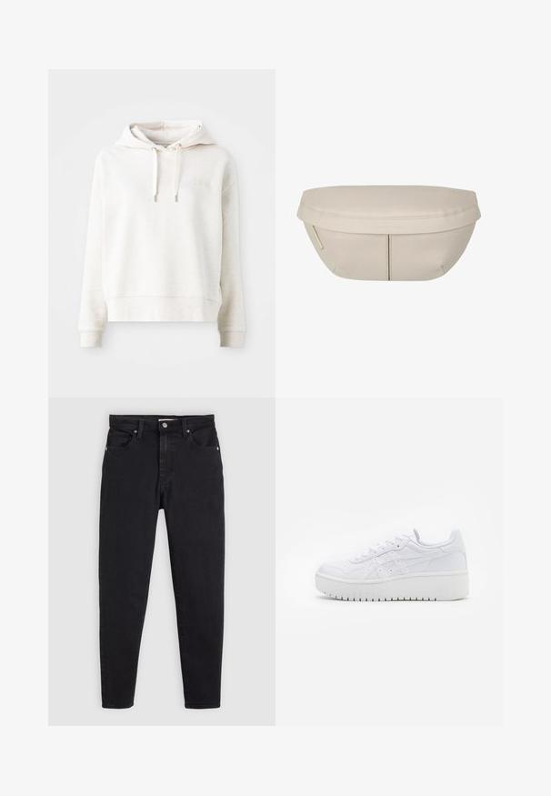 Hellbeige Kapuzenpullover mit weicher Textur, Kordelzugverschluss und einem schlichten gestickten Logo auf der Brust. Lange Ärmel und verkürzte Passform.; Schwarze Slim-Fit-Jeans mit Knopf- und Reißverschluss, Fünf-Taschen-Design und Gürtelschlaufen auf einem hellgrauen Hintergrund.; Weiße Plattform-Sneaker aus glattem Leder mit perforierten Details und flachen Schnürsenkeln; ausgestattet mit einer dicken weißen Gummisohle.; Beiger Stoffbeutel mit runder Form, flacher Oberseite und subtilen Nahtdetails. Enthält ein minimalistisches Logo und einen Seitengurt.