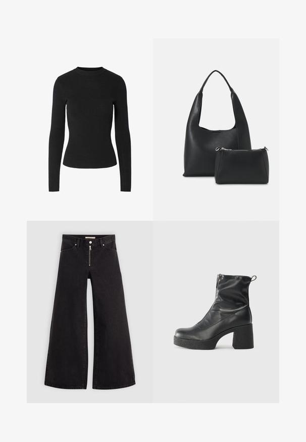 Suéter preto de manga comprida com nervuras, decote redondo e silhueta ajustada, apresentando uma textura suave por toda a peça.; Calças de ganga de perna larga em denim preto com fecho éclair à frente, design de cinco bolsos e detalhes de costura subtil. Textura suave e estilo casual.; Botas de tornozelo pretas feitas de couro liso, com fecho lateral, salto grosso texturizado e design de bico arredondado.; Even&Odd Mala de mão - black