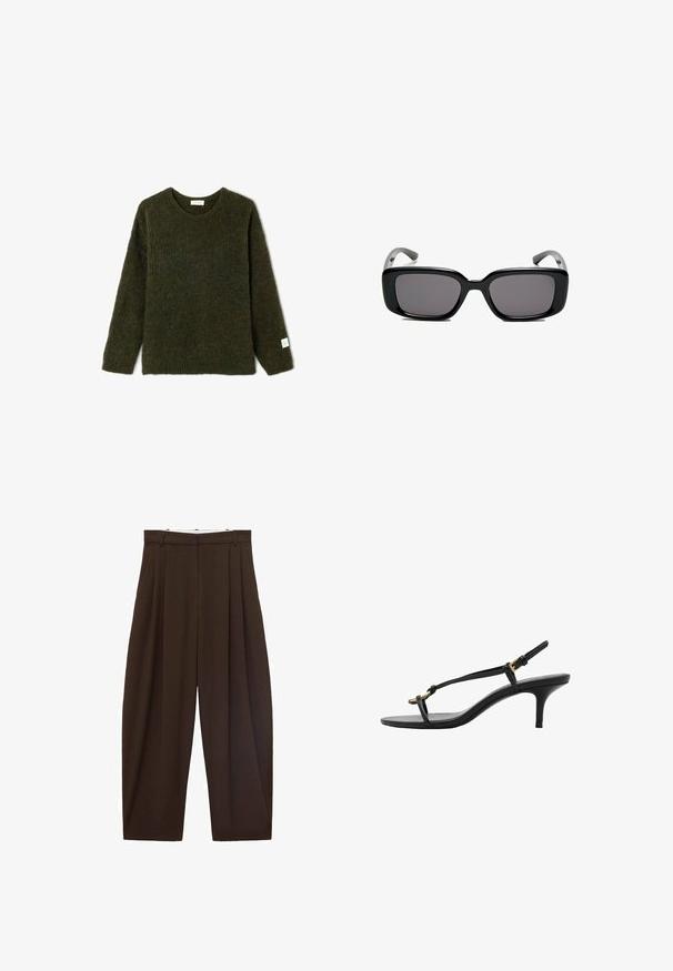 Temno zelen pulover pletenine s okroglo ovratnico in dolgimi rokavi. Ima teksturirano tkanino in majhno oznako na hemu levega rokava.; Rjave hlače visoke pasu s pregibi, narejene iz gladkega materiala. Ohlapen kroj, ravne nogavice, z zankami za pas in zadrgo.; Črne usnjene sandale s kitten peto, tankimi trakovi, zlate zaponke in minimalistično zanko za prste na beli podlagi.; Črne pravokotne sončne očala z temnimi lečami, gladkim plastičnim okvirjem in ukrivljenimi nogicami. Oblika je robustna in minimalistična.