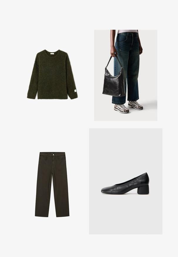 Mörkgrön stickad tröja med rund halsringning och långa ärmar. Har textilstruktur och en liten etikett på vänster ärmslut.; Mörkgröna vida jeans i bomullsblandning, med knäppning fram, fem fickor och klassisk denimstickning.; Svart läderpumpsko med rund tå och medelhög blockklack. Slät textur med minimal detaljering, med en diskret elastisk öppning.; Svart läderaxelväska med en slät yta och justerbar rem, i kombination med urtvättade vida jeans och sportiga sneakers.