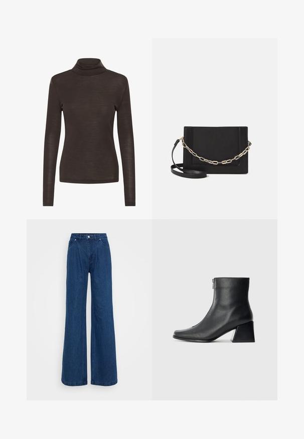 Brun langermet turtleneck skjorte med slim fit, laget av lett, noe gjennomsiktig stoff.; Bredde ben jeans i blå denim med høy midje, frontlås med knapp og glidelås, samt front- og baklommer mot en ensfarget bakgrunn.; Sorte skinnankelsko med firkantet tå, glidelås på siden og blokkhæl mot en vanlig lys bakgrunn.; Svart lær crossbody-veske med glatt tekstur, rektangulær form og metallkjede detaljer på framsiden. Justerbar stroppe inkludert.