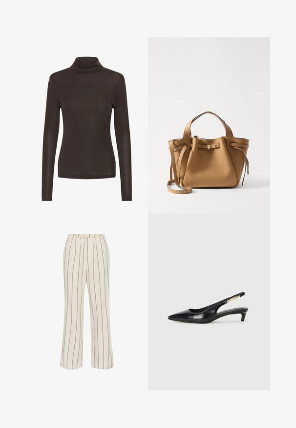 Maglietta a maniche lunghe color marrone con collo alto, dal taglio slim, realizzata in un tessuto leggero e leggermente trasparente.; Pantaloni in lino di un colore crema chiaro con strisce verticali marroni. Presentano un elastico in vita e gambe larghe e dritte.; Tacchi slingback in pelle nera con punta affusolata, caratterizzati da un tacco alto e un accento dorato sulla cinghia regolabile. Texture liscia.; Tory Burch ROMY PEBBLED SATCHEL - Borsa a mano - tiramisu