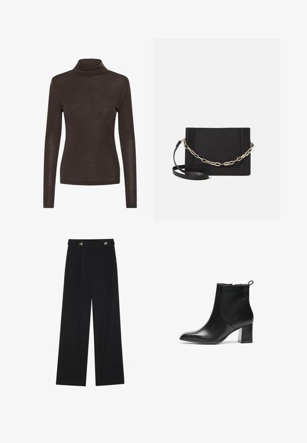 Brun langermet turtleneck skjorte med slim fit, laget av lett, noe gjennomsiktig stoff.; Svart vide bukser med høy midje, knappdetaljer på midjebåndet og frontplisser.; Svarte skinn ankelstøvler med rund tå, middels høy blokkhæl og en trekkflik bak. Glatt tekstur, minimalistisk design.; Svart lær crossbody-veske med glatt tekstur, rektangulær form og metallkjede detaljer på framsiden. Justerbar stroppe inkludert.