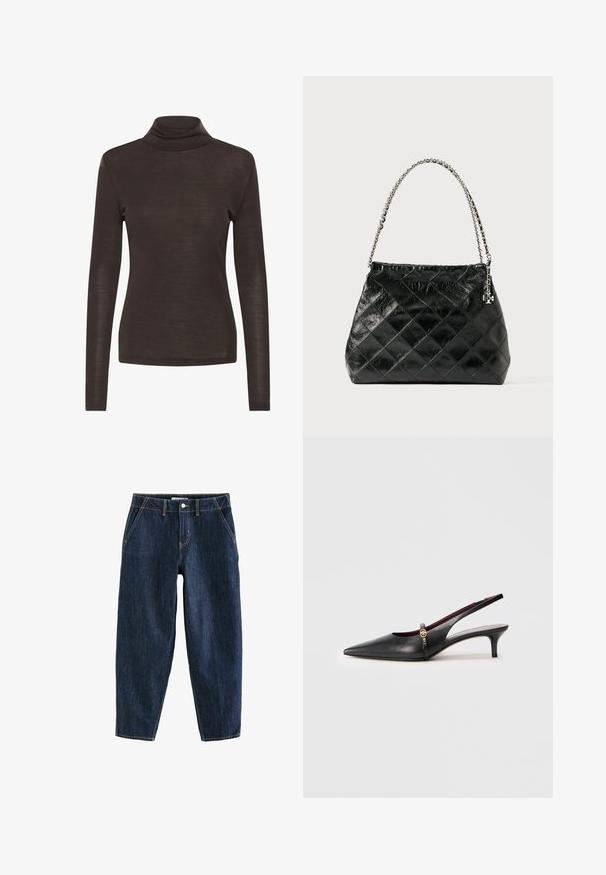 Smeđi dugi rukav turtleneck majica s uskim krojem, od laganog, malo prozirnog materijala.; Tamno plave traperice slobodnog kroja, s pet džepova, petljama za pojas i kontrastnim žutim koncem. Čista, teksturirana tkanina.; Crne kožne cipele s povišenim petama, uskog vrha, tanke petice i zlatnim detaljem u blizini narukvice. Glatka tekstura i jednostavan dizajn.; Crna prešivana kožna torba s ručkom od srebrnog lanca, sa strukturiranim dizajnom i glatkom teksturom.