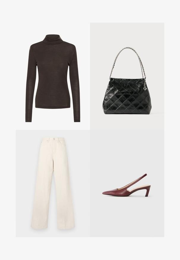 Barna hosszú ujjú garbó póló, slim fit kivitelben, könnyű, enyhén áttetsző anyagból készült.; Beige, magas derekú, bő szabású nadrág, puha, texturált anyagból készült. Gombos cipzár és elülső zsebek jellemzik a funkcionalitás érdekében.; Burgundy színű, hegyes orrú, oldalán kivágott részletekkel rendelkező slingback sarkú cipők, közepes magasságú tömbsarkúval. Sima bőrfelület.; Fekete, steppelt bőr kézitáska ezüst láncos fogantyúval, strukturált kialakítással és sima textúrával.