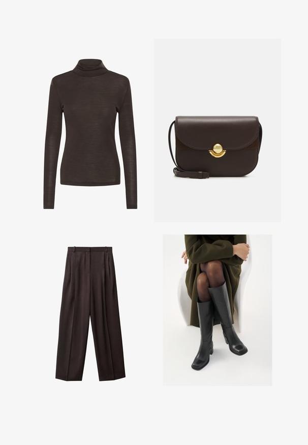 Ruskea pitkähihainen poolsikauluspaita, jossa on kapea malli, valmistettu kevyestä, hieman läpikuultavasta kankaasta.; Lepotwilini lahkotni hlače iz temno rjave tkanine. Značilnosti vključujejo nabore na sprednji strani, pas z zankami za pas in stranske žepe. Gladka tekstura.; Polvisuoja mustat nahastossud, millel on ruudukujuline varvas ja plokk-kints, on esitatud mudeli seljas, kes istub oliivrohelises mantlis. Sile tekstuur, minimaalne detailitus.; Furla SFERA ROUND - Olkalaukku - cioccolato