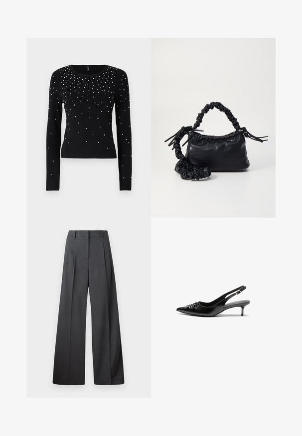 ONLY ONLSOI - Maglione - black; Pantaloni a gamba larga in tessuto grigio scuro, con vita alta, pieghe singole e una texture liscia con una finitura pulita sui orli.; Tacchi slingback in pelle nera con punta affusolata, piccolo tacco kitten e un dettaglio a nodo decorativo sulla parte anteriore. Texture liscia su tutta la superficie.; Borsa a tracolla in ecopelle nera con texture a coccodrillo, apertura cinchata e tracolla arricciata. Si presenta con un design morbido e compatto.