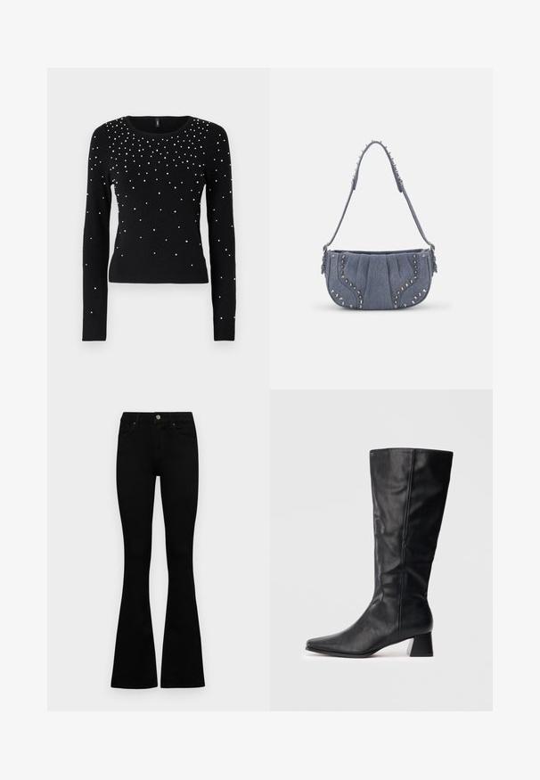 ONLY ONLSOI - Pulover - black; Jeans negri cu talie înaltă, cu închidere prin nasture și fermoar, buzunare frontale și picioare evazate, așezați pe un fundal alb.; Boot din piele neagră, până la jumătatea gambei, cu vârf ascuțit și toc pătrat, pe un fundal luminos simplu.; Geantă de umăr din denim cu un design plisat, culoare albastră, accente cu bolțuri argintii pe margini și o curea texturată.