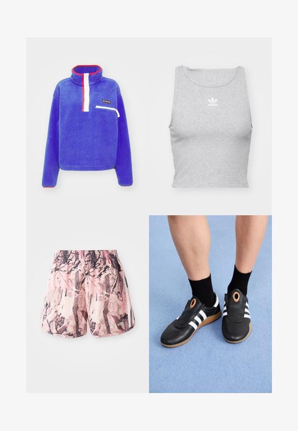 Fleece pulóverdzseki élénk kék színben, magas gallérral. Fehér gombos rész és cipzáras zseb jellemzi, piros díszítéssel és logóval kiegészítve.; Szürke, ujjatlan crop top, puha anyagból készült, kerek nyakkivágással és egy kis fehér Adidas logóval a mellrészen.; Rózsaszín és barna mintás nadrág, elasztikus derékrésszel és oldalsó csíkokkal, levelekre és ágakra hasonlító grafikával díszítve.; Fekete, csúszócipő fehér csíkokkal és texturált bőr felsőrészével, kerek díszítéssel a nyílásnál és gumírozott talppal.