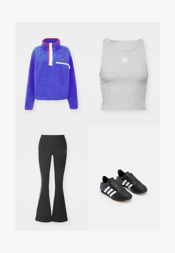 Casaco polar de pulôver em azul brilhante com gola alta. Apresenta uma pala com botões brancos e um bolso com zíper, realçado com detalhes em vermelho e logótipo.; Top cropped cinza, sem mangas, feito de um tecido suave, com um decote redondo e um pequeno logótipo branco da Adidas no peito.; Leggings pretos flare feitos de tecido elástico, com uma cintura alta e listras brancas nas laterais. Inclui um pequeno logótipo na cintura.; Chuteiras de futebol pretas com um cabedal de couro texturizado, apresentando uma frente acolchoada, três riscas brancas nos lados e uma sola de borracha de goma.