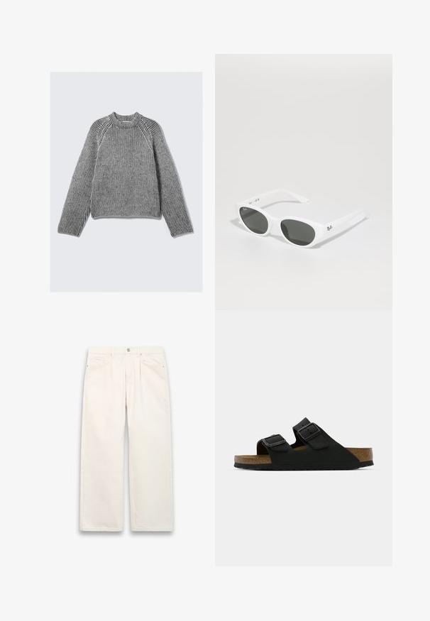 Pull en maille côtelée à manches longues, avec des rayures verticales noires et blanches et un col haut côtelé, posé à plat sur un fond clair.; Jean large blanc en denim, dotés d'une fermeture à bouton, de cinq poches et de détails de couture subtils. Design épuré et minimaliste.; Sandale noire avec deux boucles réglables, un support en liège et une semelle en caoutchouc texturé. Présente un design minimaliste et un style ouvert.; Lunettes de soleil blanches avec des montures arrondies et des verres foncés. Possède une texture en plastique lisse et un petit logo sur la branche.