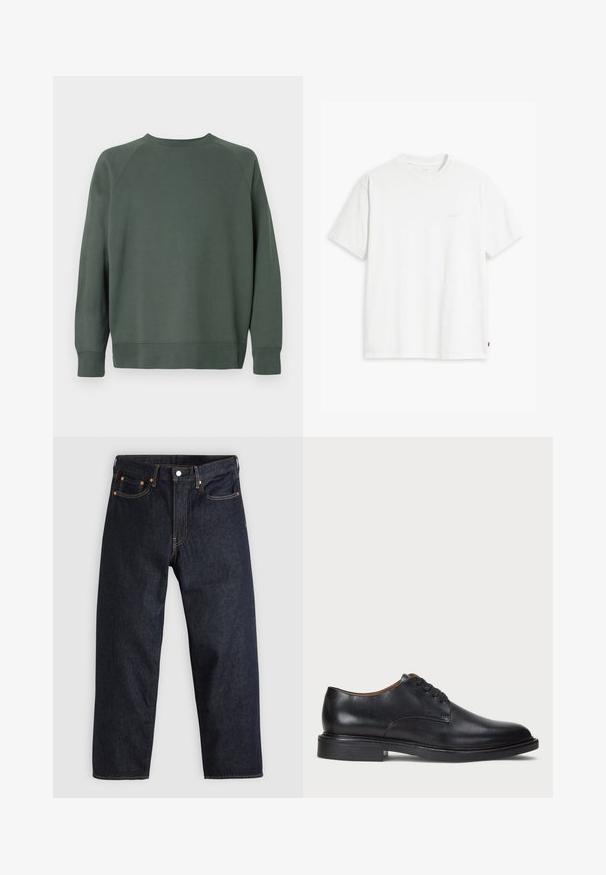 Plain dark green crewneck sweatshirt with long sleeves, ribbed cuffs, and a straight hem, shown from the back on a white background.; White cotton t-shirt with short sleeves, round neckline, and a subtle "Levi's" logo printed in light color on the front.; Dark blue denim jeans with a straight cut, five pockets, contrasting orange stitching, and a button fly. No visible patterns or embellishments.; Black leather dress shoe with a round toe, lace-up design, and a low stacked heel. Smooth texture with minimal stitching details.