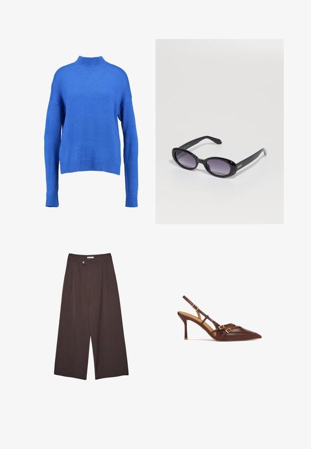 Blauer gestrickter Pullover mit hohem Kragen, weiten Ärmeln und geripptem Saum. Verfügt über ein strukturiertes Gewebe und eine lockere Passform für mehr Komfort.; Braune, weit geschnittene Hose mit Nadelstreifen, ausgestattet mit einem Knopf-Verschluss und Gürtelschlaufen, flach auf einem weißen Hintergrund präsentiert.; Braune Leder-Slingback-Absätze mit spitzem Zehenbereich, dünnem Stiletto-Absatz und goldenen Hardware-Akzenten. Mit über Kreuz verlaufenden Riemen über dem Fuß.; Schwarze ovale Sonnenbrille mit gradierten lila Gläsern. Glänzendes Kunststoffgestell und -bügel. Goldenes Logo am linken Bügel.; Schwarze Leder-Hobo-Tasche mit einer weichen, geschwungenen Form. Sie verfügt über einen breiten Oberhandgriff und Falten an der Basis für eine lässige Textur.