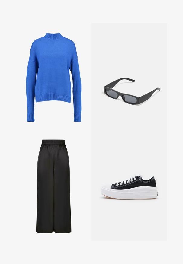 Kék kötött pulóver magas nyakkal, széles ujjal és bordás aljjal. Texturált szövése és laza fazonja a kényelmet szolgálja.; Fekete, bő szárú nadrág, sima, fényes anyagból, rugalmas derékrésszel, látható zsebek vagy fém részletek nélkül.; Fekete vászon sportcipők fehér fűzővel, fehér gumi orral és vastag fehér középtalppal. Finom fehér varrással és gumi talppal rendelkezik.; Fekete téglalap alakú napszemüveg sötét lencsékkel és vastag, matt kerettel. A szárak enyhén elkeskenyednek, sima felületűek.