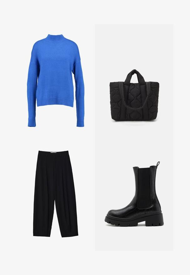 Modrý pletený svetr s vysokým límcem, širokými rukávy a ribbovaným spodním lemem. Má strukturovanou vazbu a volný střih pro pohodlí.; Černé široké kalhoty vyrobené z lehké tkaniny, s předními sklady, klasickým pasem a bočními kapsami. Hladký povrch.; Černé kotníkové boty s texturovaným kroko-embosovaným povrchem, elastickými bočními panely a masivní černou podrážkou pro zvýšenou přilnavost a stabilitu.; Černá prošívaná taška s dvěma pevným uchy, která se vyznačuje texturovanou látkou s diamantovým vzorem pro odolnost a styl.