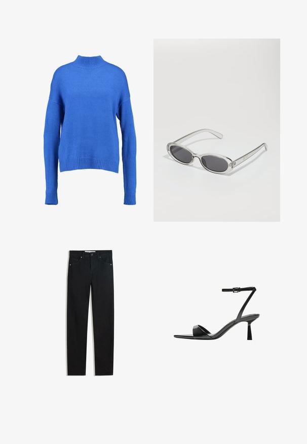 Blå stickad tröja med hög krage, vida ärmar och ribbad nederkant. Har en strukturerad väv och lös passform för komfort.; Svarta denimbyxor med rak bendesign, fem fickor, metallknappstängning och subtila sömmar. Slät textur.; Bershka Sandaletter - black; Sunglasses med oval form, klar plastbygel, mörkgrå linser och tunna genomskinliga armar med logotypsaccent och minimalt detaljerad design.; Svart lackläderhandväska med en rundad form, en axelrem, framfickor och detaljer i silverfärg.