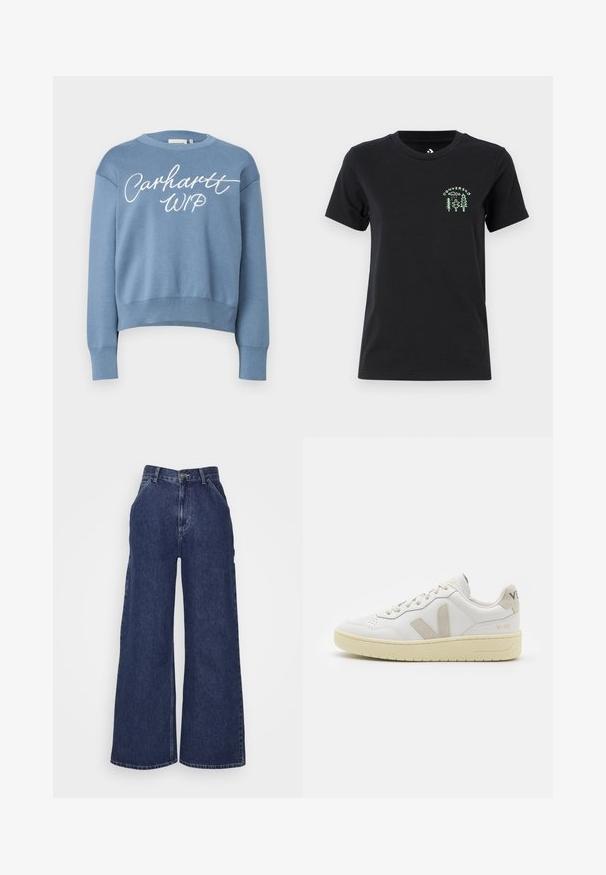 Sweatshirt bleu en tricot avec un col rond, des manches longues et un ourlet court. Présente un imprimé blanc "Carhartt WIP" sur le devant.; Converse FOREST ART TEE - T-shirt imprimé - black; Jeans en denim à jambes larges de couleur bleu foncé, avec une taille haute, des poches avant et une fermeture éclair avec un bouton en métal. Texture lisse et design classique.; Baskets blanches en cuir avec des accents en daim beige, boîte à orteils perforée, lacets plats et semelle texturée crème. Présente un logo discret au talon.