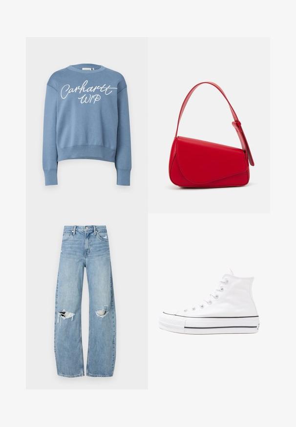 Sweatshirt blu in maglia con scollo rotondo, maniche lunghe e orlo accorciato. Presenta una stampa bianca del logo "Carhartt WIP" sul davanti.; Jeans azzurri chiari a vita alta realizzati in denim. Presentano gambe larghe, due aree strappate sulle ginocchia e il classico styling a cinque tasche.; Sneaker alta in tela bianca con suola in gomma nera, punta in gomma frontale e sei asole per i lacci, caratterizzata da un design pulito e minimalista.; Borsa a tracolla in pelle rossa con un design angolare e geometrico. Presenta una singola tracolla regolabile e una chiusura a patta con dettagli cuciti.