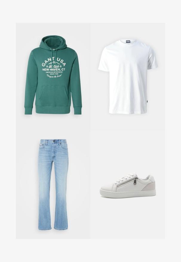 Grüne Kapuzenjacke aus weichem Material, mit einer Fronttasche, Kordelzugkapuze und weißen Text mit Ski-Club-Logo und -Details.; Weiße Baumwoll-Crewneck-T-Shirt mit kurzen Ärmeln, mit einem dezenten geprägten "Joop!"-Logo auf der Brust und geradem Saum.; Hellblaue Denim-Jeans mit Schlag mit einem verblassten Finish, fünf Taschen, Gürtelschlaufen und einem Knopfverschluss an der Taille.; Weiße Sneaker aus glattem Leder mit einem kontrastierenden Beigeton aus Wildleder an der Ferse und einem Reißverschlussdetail an der Seite.