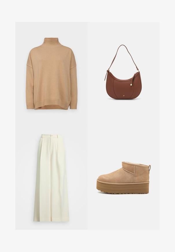 WEEKEND MaxMara BORGIA - Strikkegenser - cammello; Vidde-bukser i off-white stoff med høy midje, doble folder og knappelukking. Glatt tekstur og skreddersydd design.; Beige semskede ankelstøvler med en fyldig indvendig foring, med en platformsål og en løkke bagpå for nem påtagning. Tekstureret gummisål.; Brun kunstlæder skuldertaske med buet form, minimal syning og detaljer i guld-tonet hardware. Har en top lynlås lukning og justerbar rem.