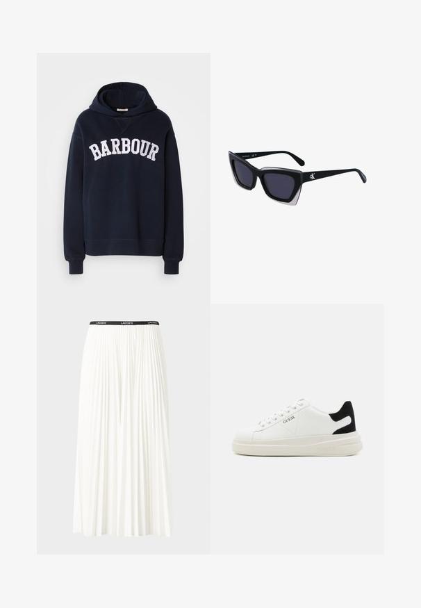 Sweater azul marinho feito de tecido suave, com um bolso canguru à frente, apresentando "BARBOUR" em letras brancas ousadas no peito.; Saia plissada branca com uma cintura elástica preta que apresenta o logótipo "LACOSTE". Design de comprimento médio com textura suave.; Sapatilhas brancas de couro com uma sola branca espessa, detalhe em camurça preta no calcanhar e logótipo em relevo na lateral. Design com atacadores e seis ilhós.; Óculos de sol oversized pretos com forma geométrica, apresentando lentes escuras e um detalhe cinza em contraste na armação. Logotipo na haste.