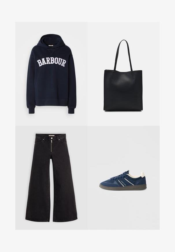 Sweater azul marinho feito de tecido suave, com um bolso canguru à frente, apresentando "BARBOUR" em letras brancas ousadas no peito.; Calças de ganga de perna larga em denim preto com fecho éclair à frente, design de cinco bolsos e detalhes de costura subtil. Textura suave e estilo casual.; Ténis azul-marinho em camurça com textura suave, apresentando riscas brancas, design de perfil baixo e sola de borracha.; Bolsa tote preta em couro com textura lisa, forma retangular e duas alças longas. Sem hardware ou enfeites visíveis.