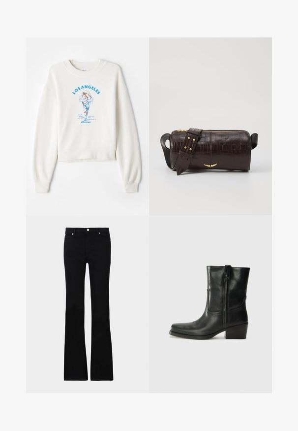 Kreemivärvi dressipluus lühikese lõikega, millel on sinise jäätise graafika ja keskel rasvastes tähtedes "LOS ANGELES" tekst.; Mustad teksased, millel on flared lõige, kaks esi-taskut, nööbiga kinnitamine ja sile tekstuur. Tootemärgistus on nähtav õmblustes.; Musta nahast pahkluu saabas ümarate varvastega, plokknäppu, külgsepa ja pealsetel õmblusest aktsentidega. Sile tekstuur, klassikaline disain.; Pruunist krokodillimustrist nahast kott, millel on silindri kuju, kuldse tooni metalldetailid ja eemaldatav rihm, kus on nupud.