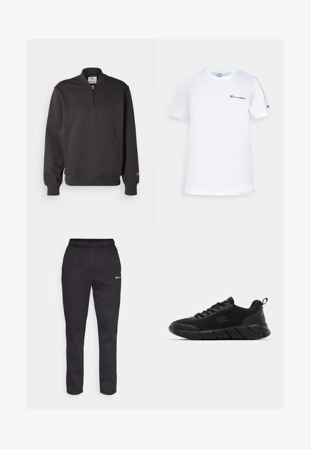 Felpa nera realizzata in misto cotone, con colletto a mezzo zip, due tasche laterali, polsini a coste e un piccolo logo sul petto.; T-shirt bianco in cotone con collo rotondo, maniche corte e logo "Champion" ricamato in nero sul petto e sull'accento della manica.; Pantaloni neri in felpa con vita elasticizzata, dotati di un piccolo logo sul lato sinistro superiore. Realizzati in tessuto morbido, con design a gamba affusolata.; Sneakers atletici neri con tomaia in rete, punta rinforzata, suola intermedia testurizzata e linguetta posteriore per una facile calzata. Logo visibile sul lato.