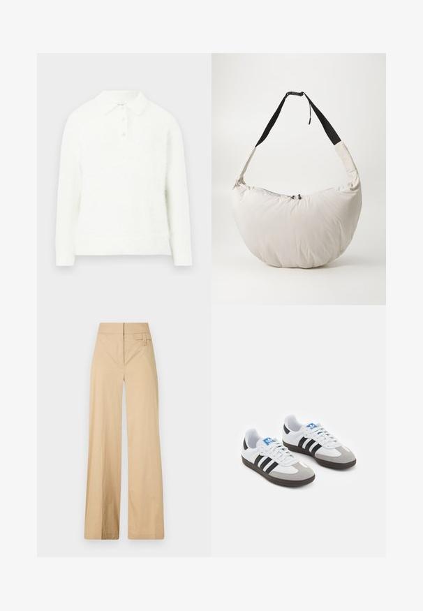 Bílý chlupatý svetr s límečkem, tříknopovým zapínáním, dlouhými rukávy a měkkou texturou. Jednoduchý design bez viditelných vzorů.; Bílý tričko s dlouhými rukávy se zdobením znázorňujícím osobu, jak venčí tři psy, s nápisem "Barbour" vytištěným nahoře černou barvou.; Béžové kalhoty s širokými nohavicemi vyrobené z bavlněné směsi. Mají hladkou texturu, elastický pas a boční detail s knoflíkem.; Sportovní boty s bílým koženým svrškem, šedou semišovou špičkou a třemi černými pruhy. Obsahují modré logo na jazyku a texturovanou gumovou podrážku.; Svetle béžová polstrovaná taška přes rameno s zakřiveným tvarem ve tvaru půlměsíce. Černý popruh, uzávěr na zip a decentní logo na přední straně. Měkká textura.