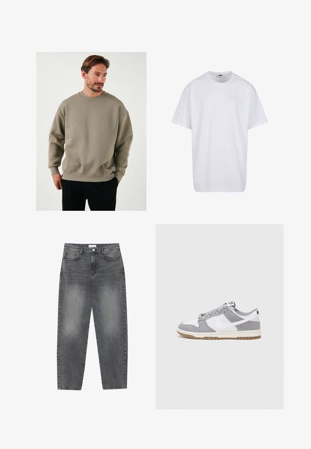 Maslinasto zeleni dukserica izrađena od teksturiranog materijala, s okruglom izrezom, spuštenim ramenima i malom logotip oznakom na rubu.; Bijela pamučna majica s kratkim rukavima, zaobljenim izrezom, opuštenog kroja, bez vidljivih logotipa ili uzoraka. Glatka tekstura i minimalni dizajn.; Traperice visokog struka, širokog kroja u izblijedjelom crnom denimu. Imaju pet džepova, petlje za remen, i čist, ravni kroj nogu.; Nike tenisice imaju gornji dio od sive brušene kože i bijele kože s perforacijama, okrugle vezice i gumeni potplat za prianjanje.