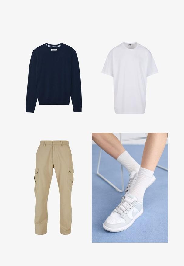 Pulover tricotat bleumarin, cu guler rotund, mâneci lungi și manșete cu dungi. Prezintă un detaliu în dungi contrastante pe guler.; Tricou alb din bumbac cu mâneci scurte, decolteu rotund, croială lejeră și fără logo-uri sau modele vizibile. Textură netedă și design minimalist.; Pantaloni cargo bej realizați din twill de bumbac, cu multiple buzunare laterale, design cu picioare drepte și fermoar la braguă cu bucle pentru curea.; Sneakers albe cu accente bleu deschis, partea superioară din piele, vârf perforat, șireturi groase și șosete albe cu fandare, pe un fundal albastru.