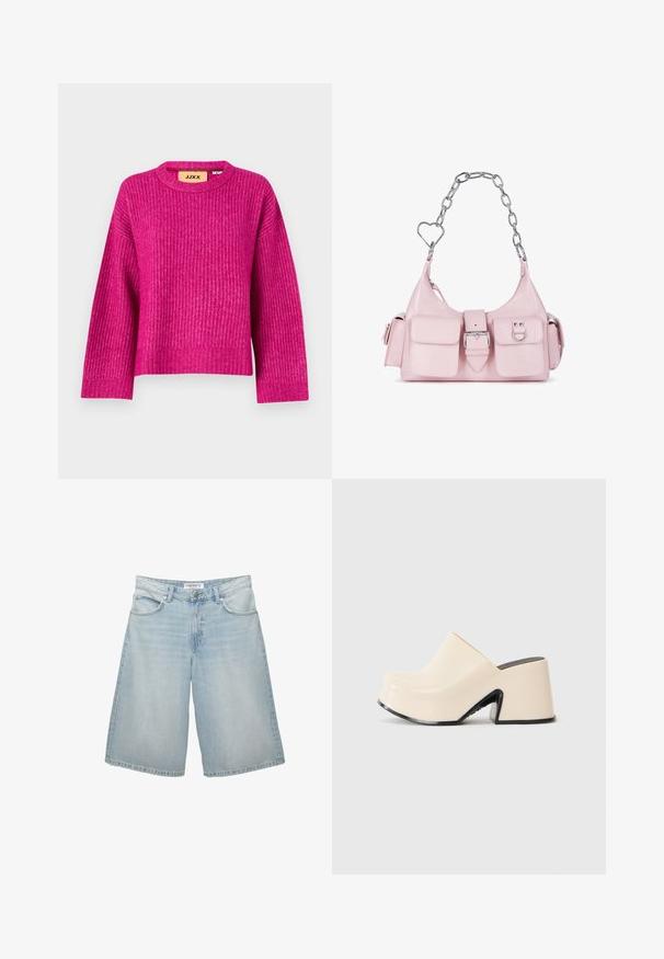 Maglione magenta a costine con scollatura rotonda e maniche lunghe. Realizzato in materiale testurizzato, con orlo leggermente accorciato. Etichetta del marchio visibile.; Camicia button-up rosa chiaro con colletto, maniche lunghe e taschino sul petto; realizzata in un tessuto liscio con una sottile trama.; Shorts in denim blu chiaro con un design a gamba larga, dotati di cinque tasche, passanti per cintura e chiusura con zip. Texture liscia con leggera scoloritura.; Zoccolo in gomma beige con una suola nera spessa, caratterizzato da una ampia apertura e una finitura liscia e lucida. Design semplice con una forma angolare.; Borsa a tracolla in finta pelle rosa con manico in catena argento, dettagli a forma di cuore, chiusura frontale e due piccole tasche sulla parte anteriore.