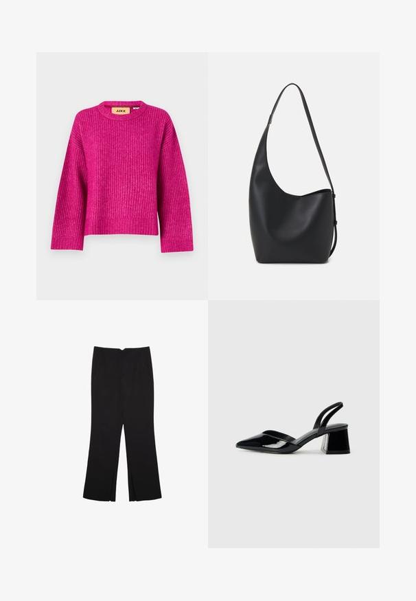 Maglione magenta a costine con scollatura rotonda e maniche lunghe. Realizzato in materiale testurizzato, con orlo leggermente accorciato. Etichetta del marchio visibile.; Pantaloni neri a gamba dritta, con tasche frontali e spacchi laterali all'orlo. Realizzati in tessuto morbido e liscio. Adatti a diverse occasioni.; Décolleté in vernice nera con punta affusolata e tacco in geometria cubica. Presentano un design elegante e minimalista, con una texture liscia.; Borsa hobo nera in pelle con una superficie liscia, forma curvata e una singola tracolla regolabile; presenta un'ampia apertura nella parte superiore.