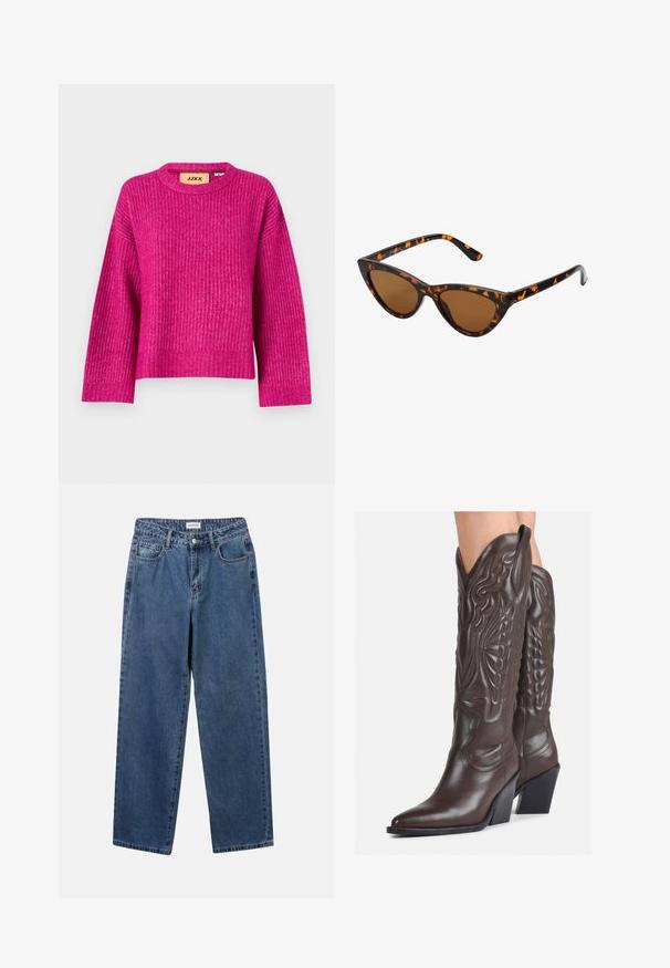 Maglione magenta a costine con scollatura rotonda e maniche lunghe. Realizzato in materiale testurizzato, con orlo leggermente accorciato. Etichetta del marchio visibile.; Jeans in denim blu classico con design a gamba dritta, cinque tasche e chiusura con bottone. Presentano un lavaggio medio e una trama robusta.; Stivali da cowboy in pelle marrone con punta affusolata e tacco a blocco, caratterizzati da dettagliati ricami e accenti rialzati sul gambale.; Occhiali da sole cat-eye con una montatura tartarugata nera e arancione, lenti marroni e punte affusolate e eleganti. Presentano un logo minimale sulla asta.; Piccola borsa a tracolla crema con finitura testurizzata, una lunga tracolla regolabile, un accento a catena e chiusura a patta. Dettagli in hardware dorato.