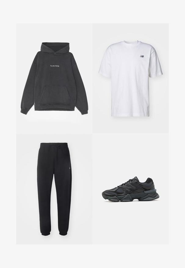 Filling Pieces HANDSHAKE VINTAGE - Jersey con capucha - black; Camiseta blanca de manga corta con cuello redondo y un pequeño logo negro de New Balance en el lado izquierdo del pecho, sobre un fondo simple.; Pantalones de chándal negros hechos de un material suave, con una cintura elástica, cordón y puños acampanados, con un sutil logotipo en el lateral.; Zapatilla de running negra que presenta una combinación de malla y materiales sintéticos, suela gruesa, diseño curvado y una marca prominente en el costado.